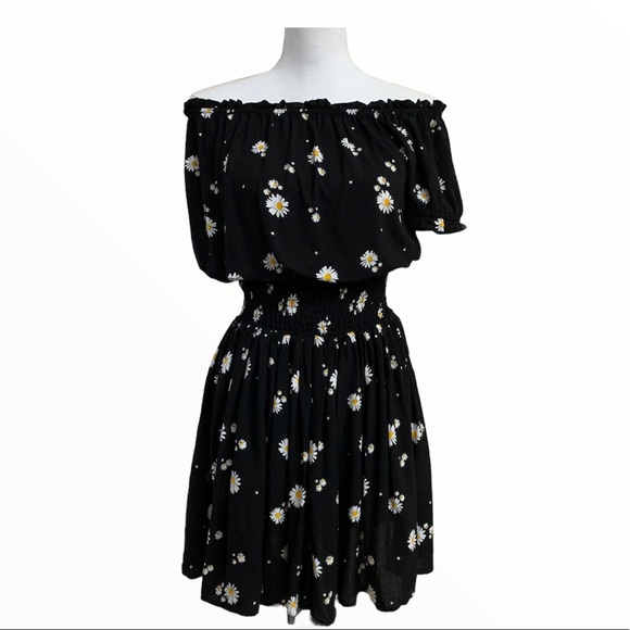 OFF THE SHOULDER SMOCKED WAIST PUFF SLEEVES BLACK FLORAL DRESS - Picture 2 of 7